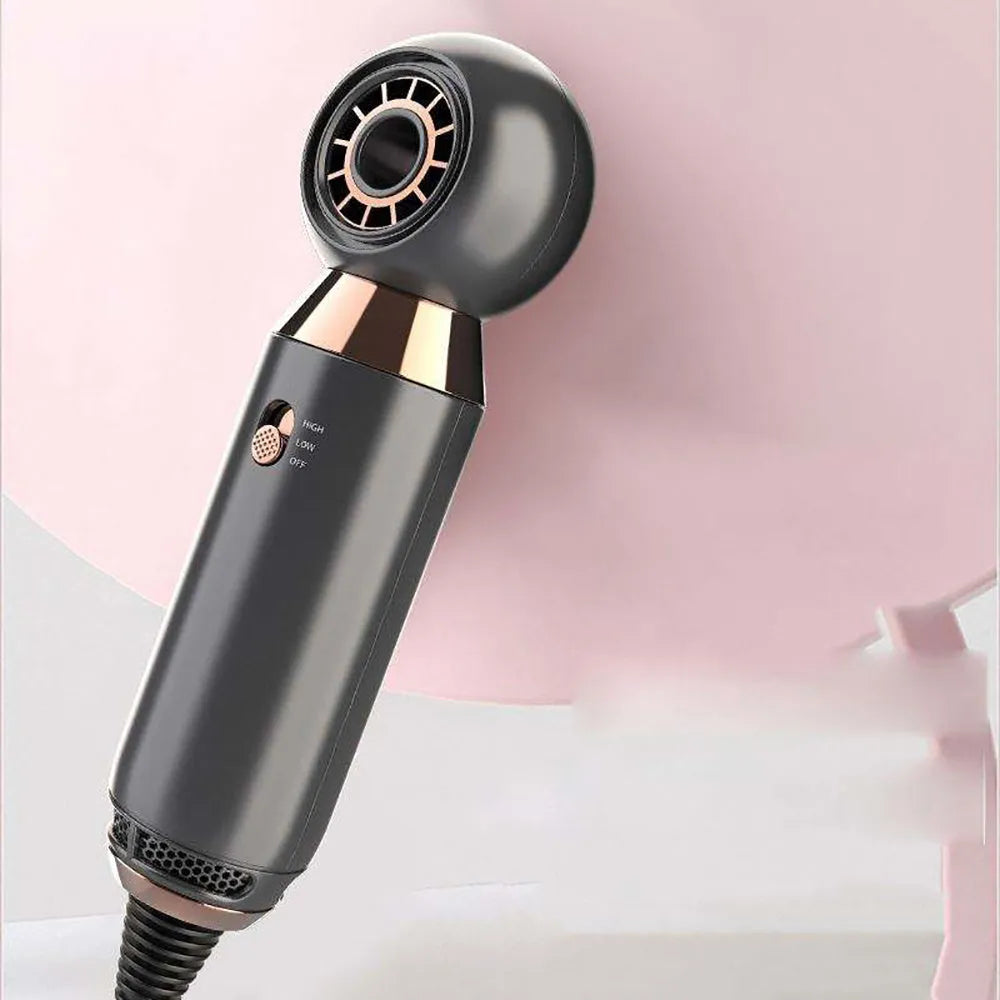 Compact leafless hair dryer with diffuser attachment showing negative ion technology and two heat settings