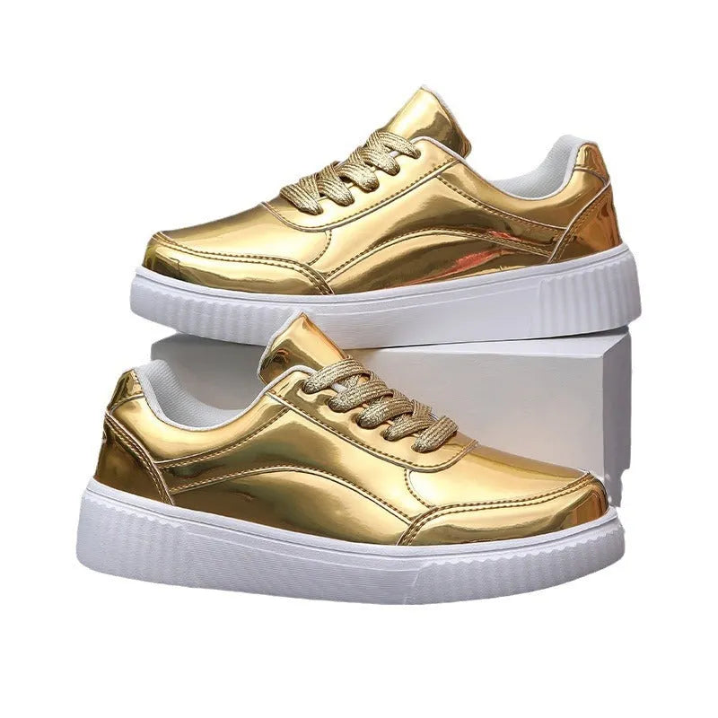 Gold sequin platform sneakers with round toe and thick MD sole