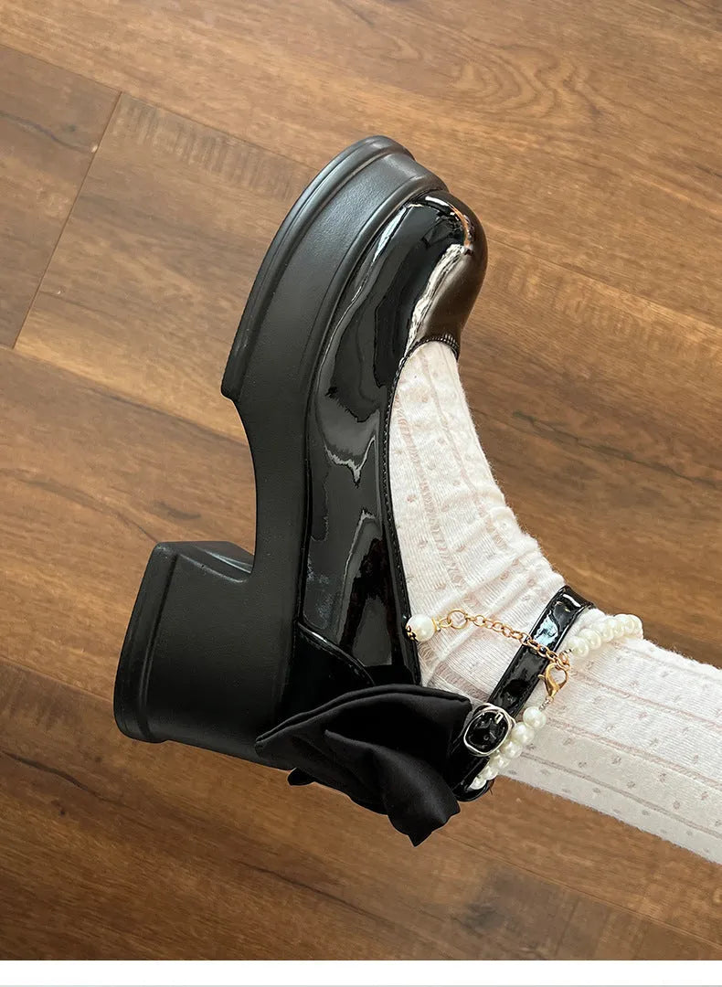 Women's black Mary Jane shoes with chunky heels and round toe design