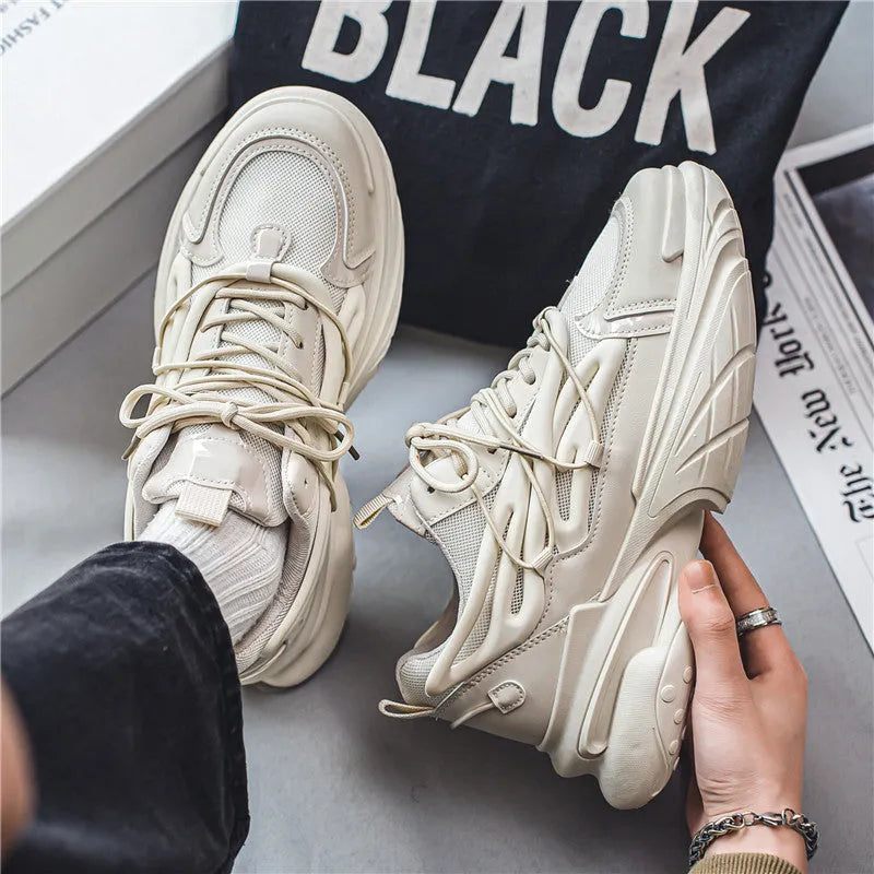 Men's breathable mesh lace-up sneaker in beige and black with rubber sole and platform heel