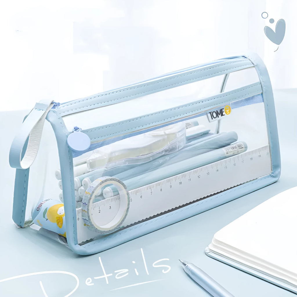 Transparent double-layer pencil case in blue with large capacity 220x110x80mm for exam stationery