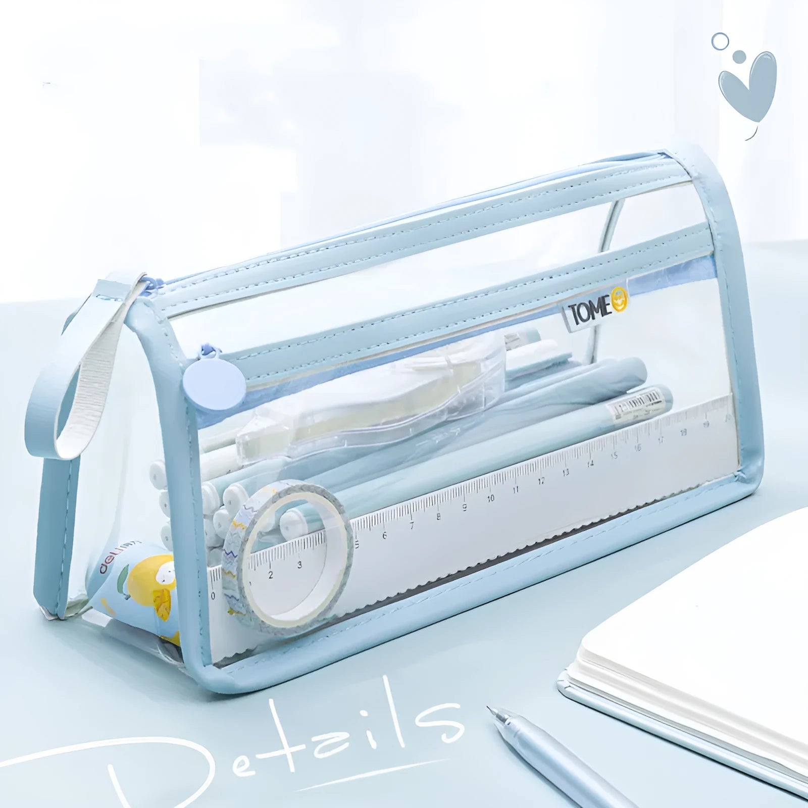 Transparent double-layer pencil case in blue with large capacity 220x110x80mm for exam stationery